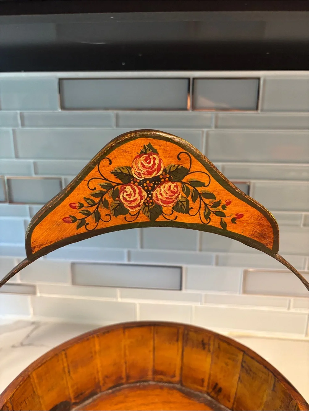 Vintage, Hand-Painted Rustic Orange Decorative Basket with Floral Accent